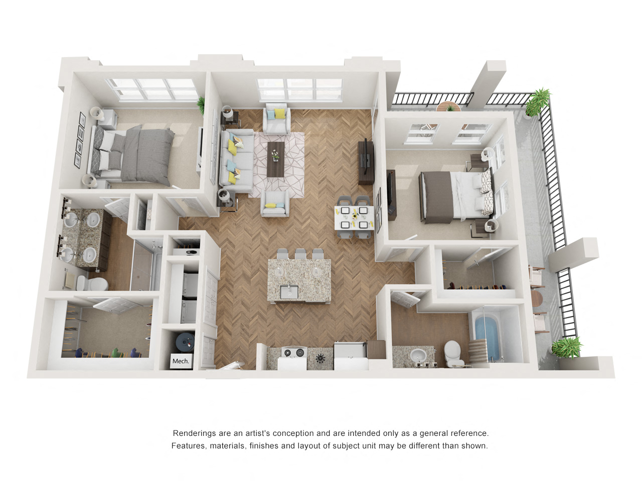 Floor plan for 2 beds, 2 baths, 1187 sqft